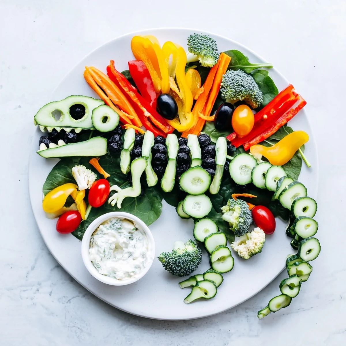 Enjoy a creative and fun T-Rex Fossil Crudités veggie platter with colorful vegetables and delicious dip.
