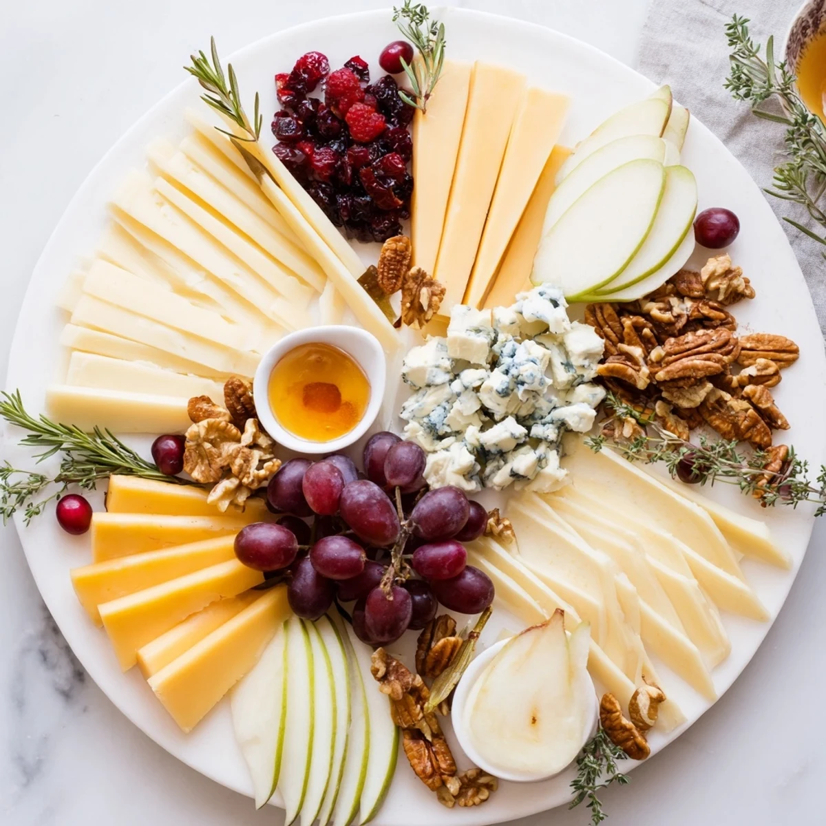 Winter Cabin Cheese Display featuring creamy brie, aged cheddar, and seasonal fruits arranged beautifully on a wooden board.