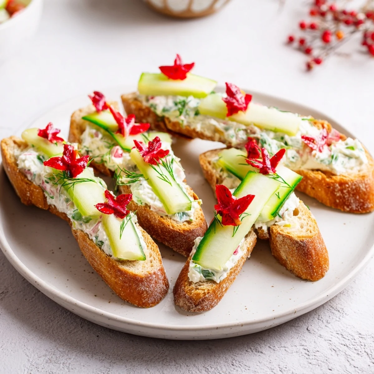 Cool cucumber rounds stack atop creamy cream cheese within these tempting Cucumber and Cream Cheese Tree Stacks.