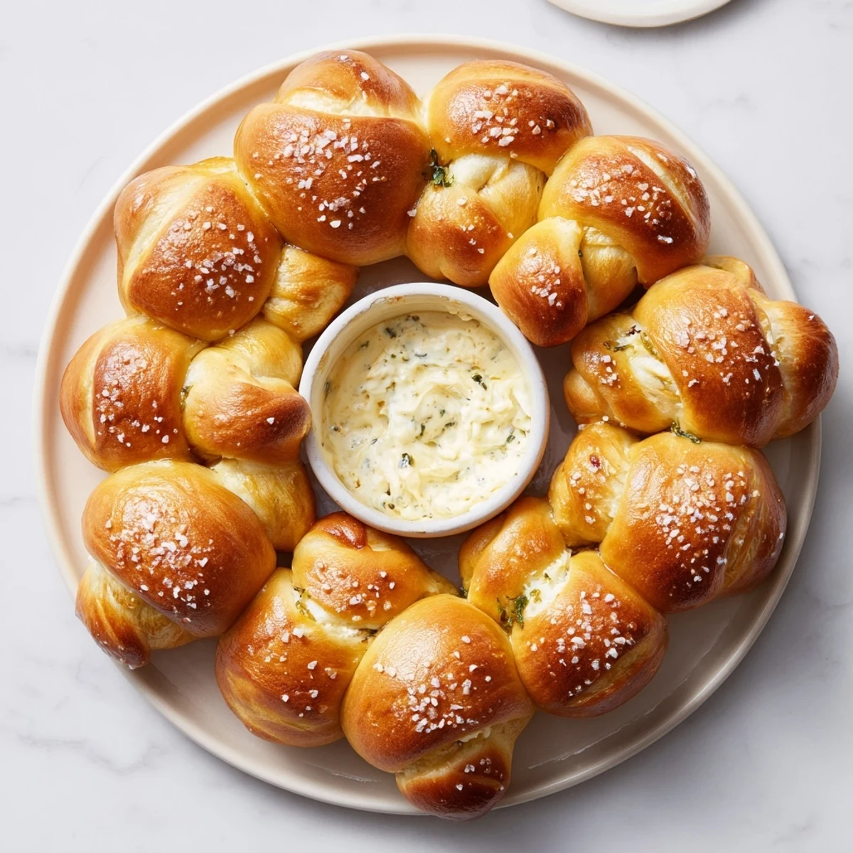 Golden pretzel bites form a shareable wreath around creamy spinach dip for this Pretzel Wreath Dip.