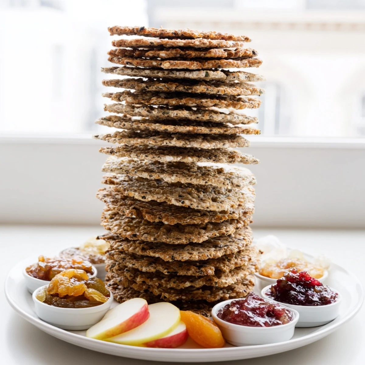 Assortment of Gourmet Crackers stacked high alongside colorful fruit, cheeses, and jams for serving.