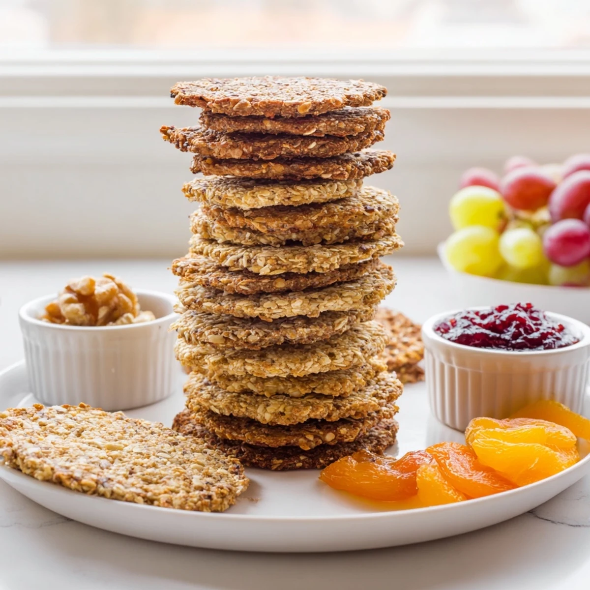 Crisp, golden Gourmet Crackers beautifully arranged with vibrant preserves, ready for a delicious treat.