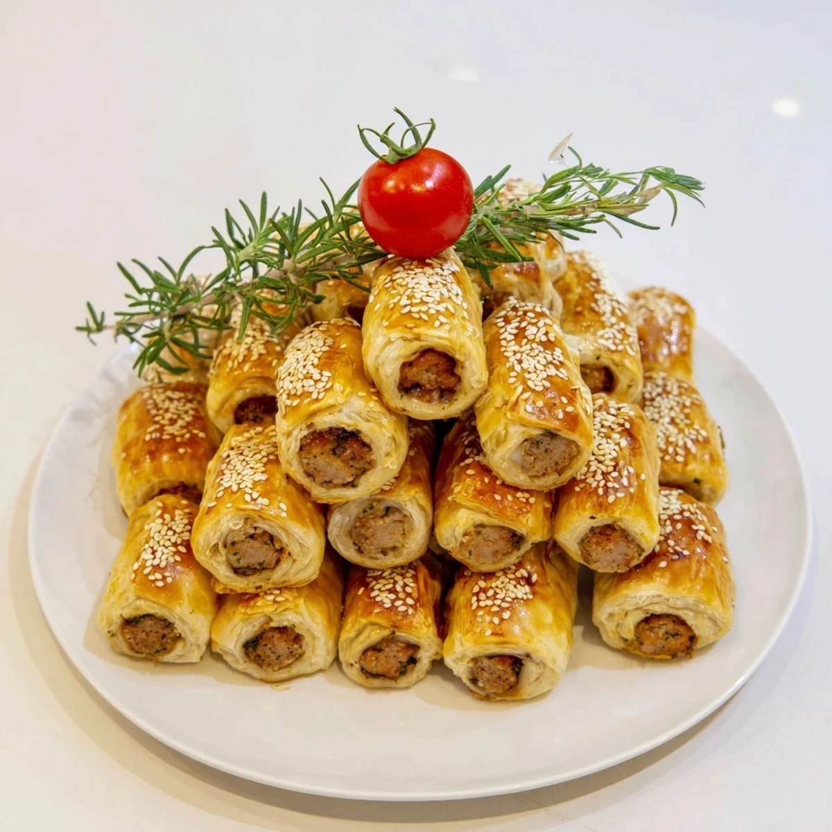 Golden, flaky Savory Bites: Mini Sausage Roll Christmas Tree arranged for a delightful holiday appetizer.