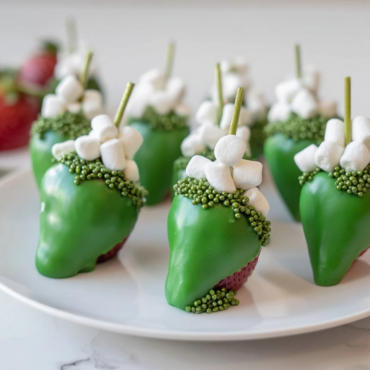 Close-up of festive Elf Hat Chocolate Dipped Strawberries, a delicious dessert perfect for holiday gatherings.