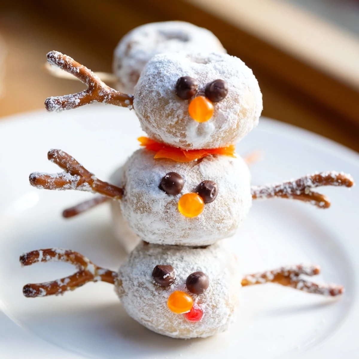 Delicious and fun: stack of mini donut snowmen with orange noses, perfect party dessert.