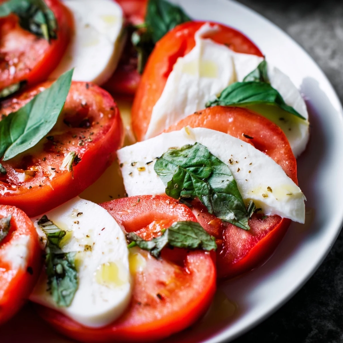 Bright red tomato and milky mozzarella slices, layered on a platter for the easy Sliced Tomatoes and Mozzarella recipe.