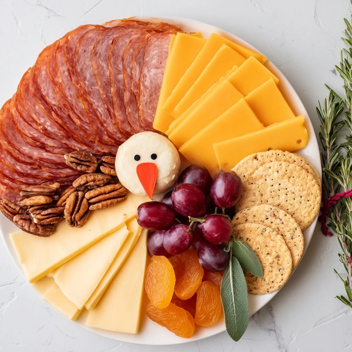 A Turkey Tail Fan charcuterie board bursting with colorful meats, cheeses, and fruits for Thanksgiving.