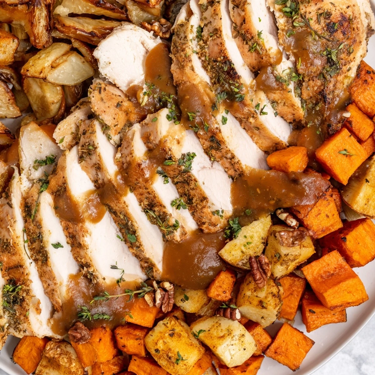 A Thanksgiving feast: golden Chains of the Mayflower turkey and root vegetables, glistening with gravy.