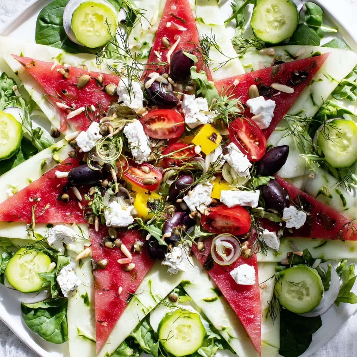 Fresh Star of David Salad Platter with vibrant vegetables, feta, and a bright dressing.