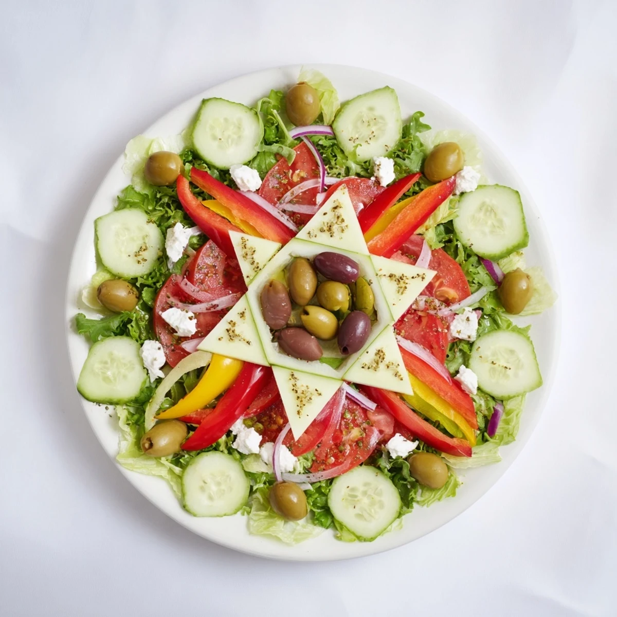 Beautifully arranged Star of David Salad Platter, a festive, vegetarian appetizer featuring fresh flavors.