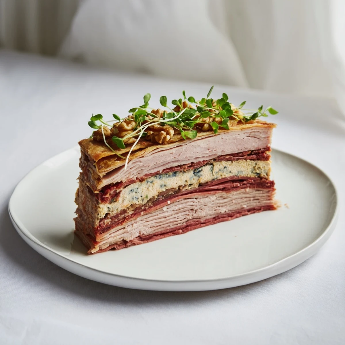 Stunning layered Grand Canyon Rim terrine with blue cheese river, ready to slice and serve for dinner.