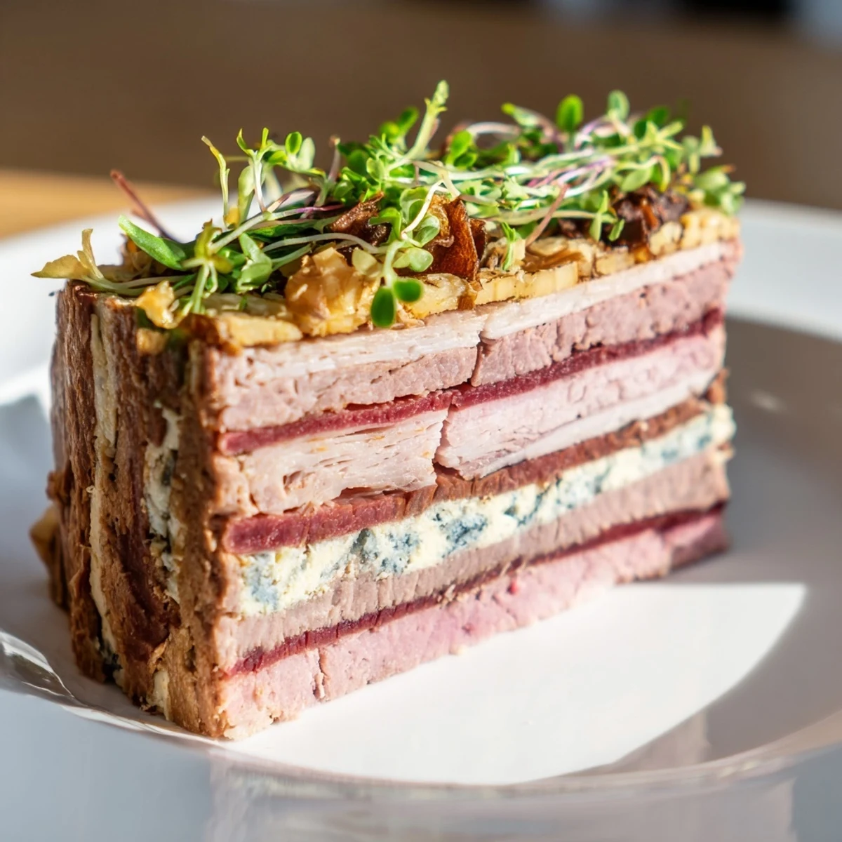 Elegant sliced Grand Canyon Rim terrine shows off colorful meat layers and a flowing blue cheese river.