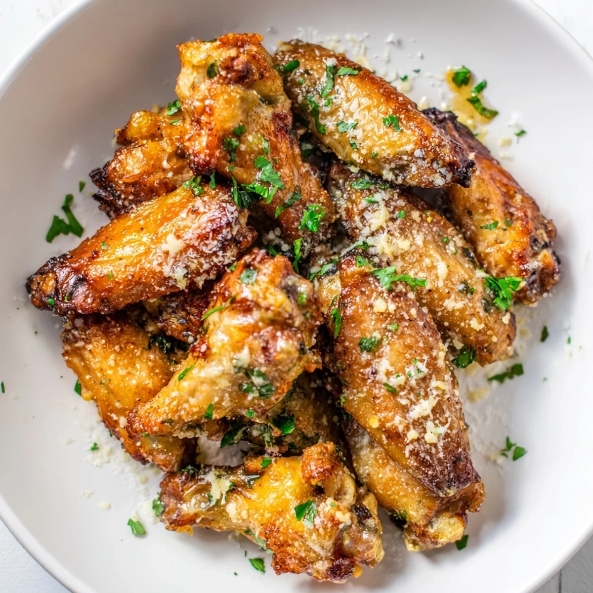 Deliciously seasoned air fryer garlic-Parmesan chicken wings, served hot and ready to enjoy.