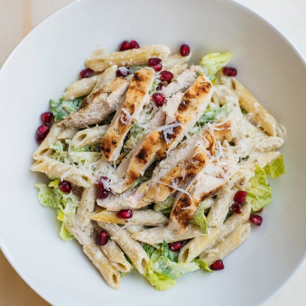 Savory Chicken Caesar Pasta, topped with bright red pomegranate seeds, creates a festive main meal.