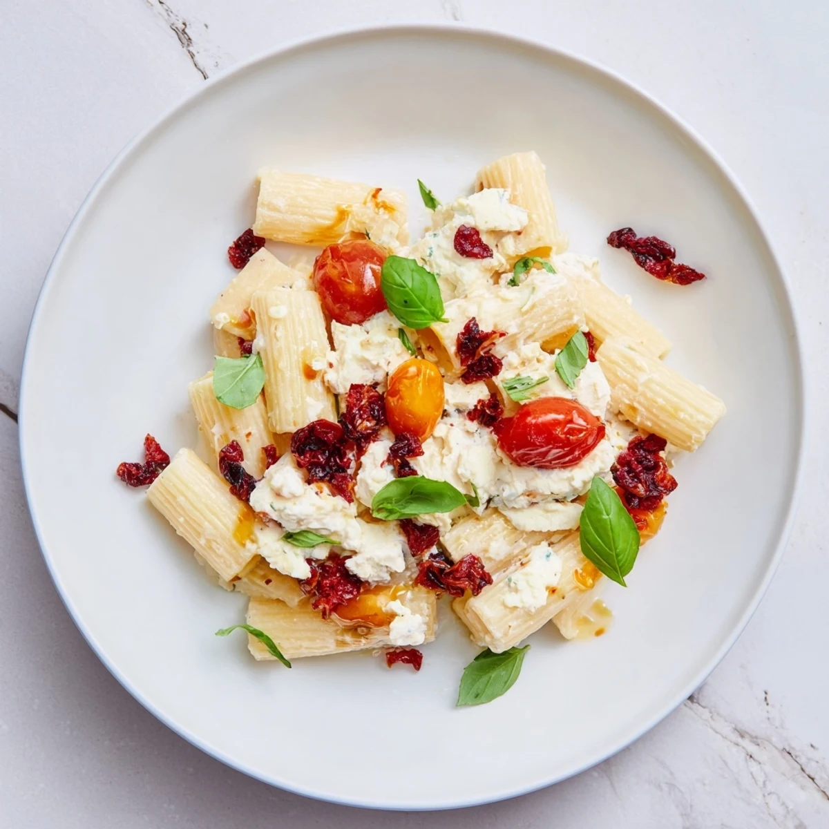 A close-up of baked feta pasta, showing the melted cheese and juicy cranberries.
