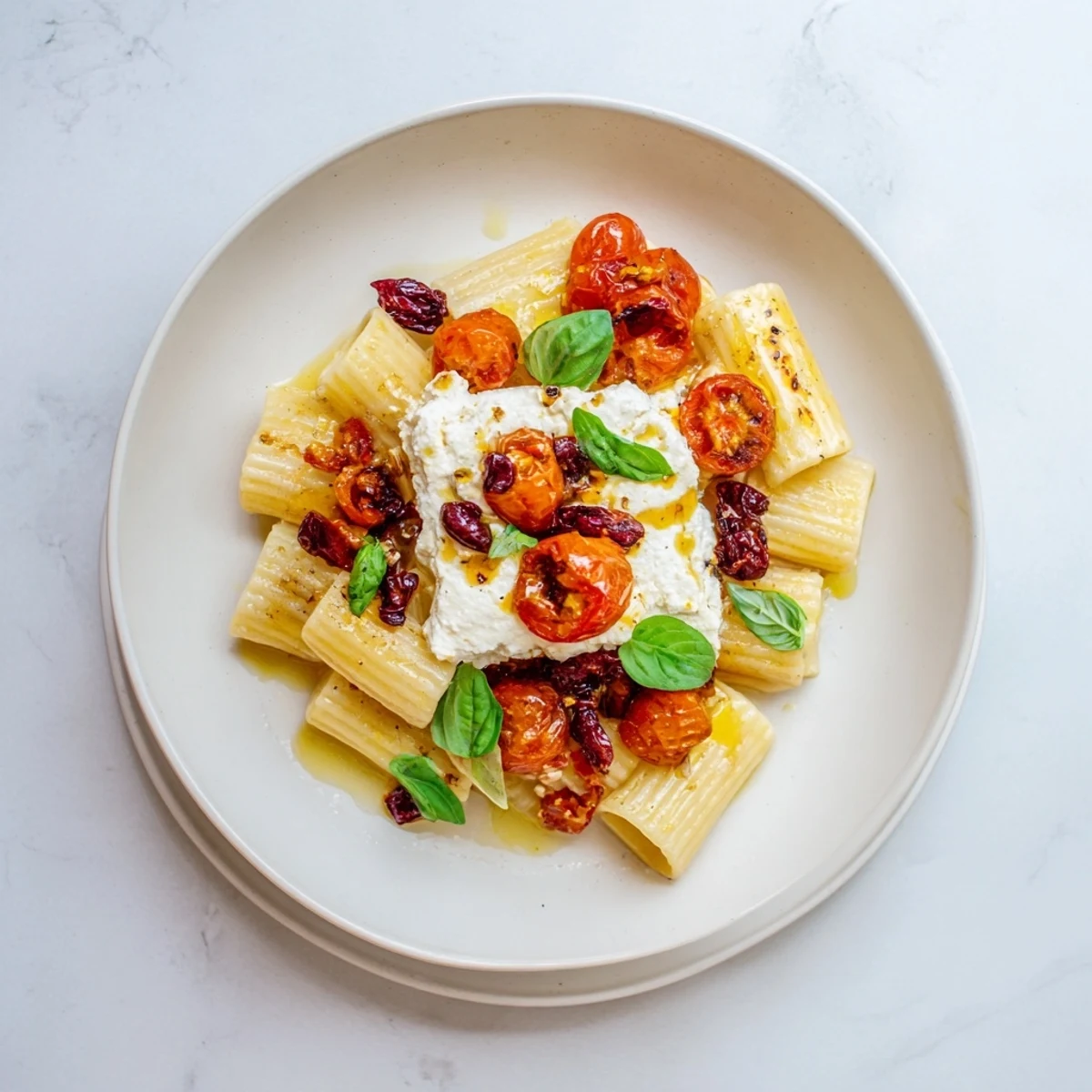 Flavorful baked feta pasta with honey, served with fresh basil for a bright finish.
