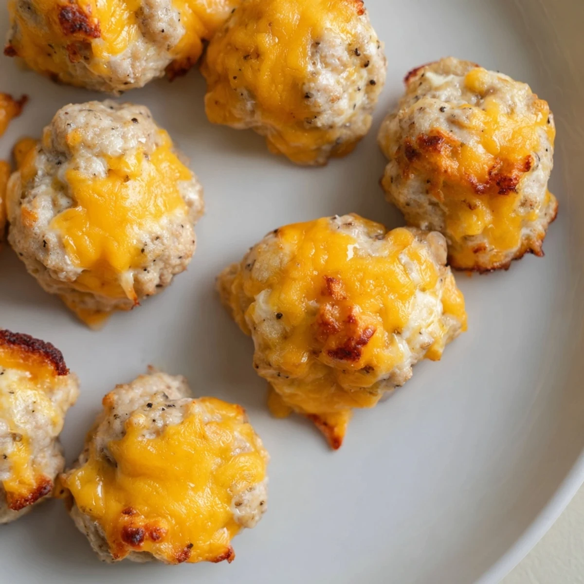 Close-up of freshly baked Chicken and Sausage Bisquick Balls, showcasing the melted cheese and savory aroma.