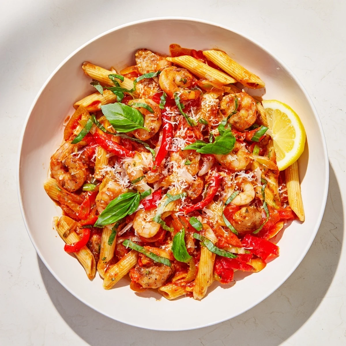 Steaming pot of One-Pot Diavola Pasta featuring shrimp, chicken, and a vibrant red sauce.