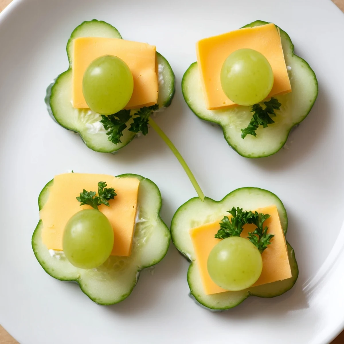 Festive Lucky Four-Leaf Clover Snack made with cucumbers and cheese, ready for St. Patrick's Day fun.