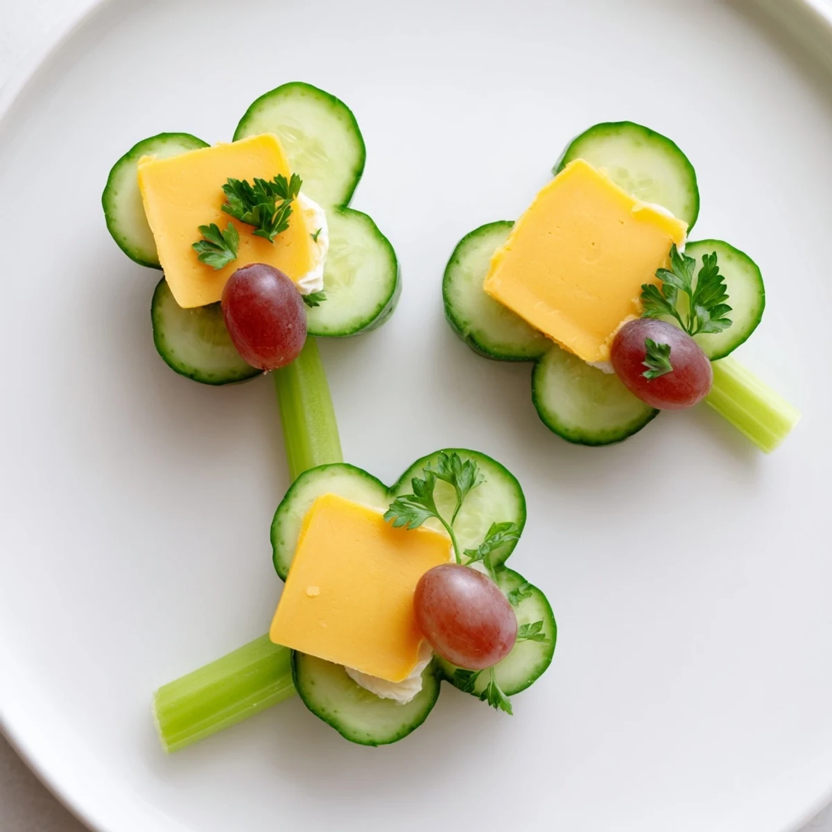 A colorful platter displays a delightful Lucky Four-Leaf Clover Snack, fresh with cheese and green grapes.