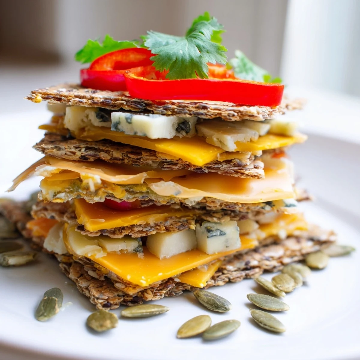Layered Southwest Mesa appetizer with cheddar, pepper jack, and garnishes, a flavorful vegetarian option.