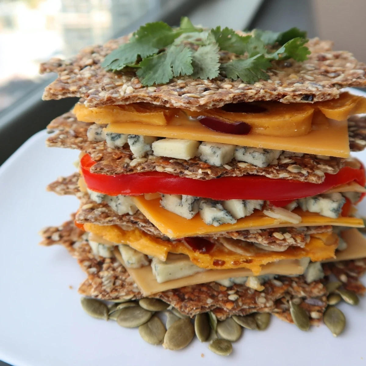 Delicious Southwest Mesa featuring crackers and assorted cheese stacks, resembling desert mesas.