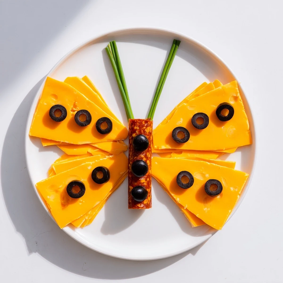 Vibrant The Butterfly Migration appetizer, cheddar cheese wings with black olive details on a platter.