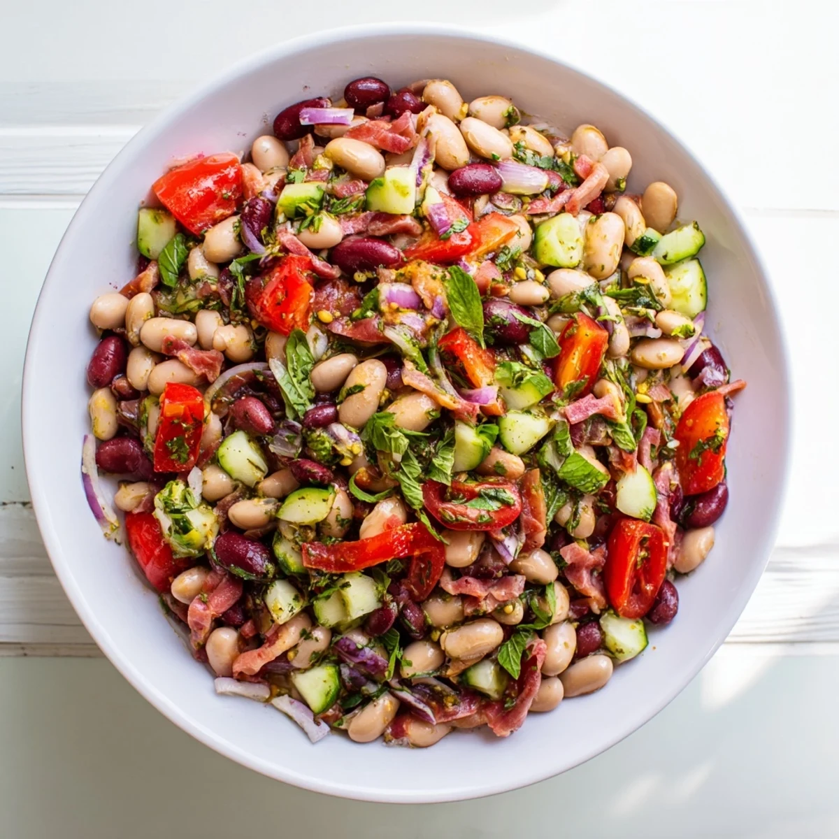 Bright, colorful image of a refreshing dense bean salad with salty prosciutto garnish.