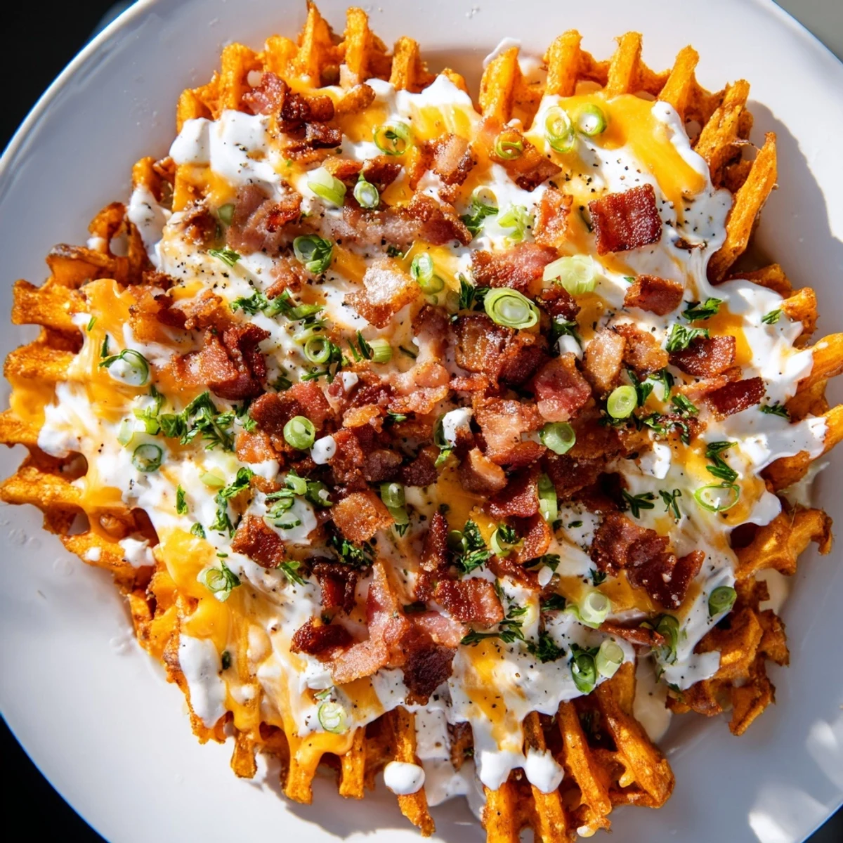 Enjoy flavorful Loaded Sweet Potato Fries, a perfect appetizer with gooey cheese and crumbled bacon.