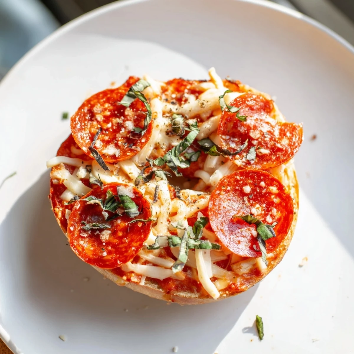Melting mozzarella and crispy pepperoni crown the baked mini pepperoni pizza bagels on a baking sheet.