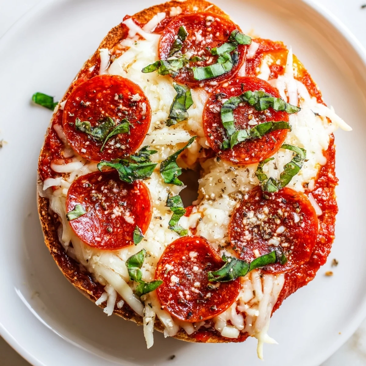Golden, savory mini pepperoni pizza bagels, fresh from the oven, offering a delightful cheesy aroma.