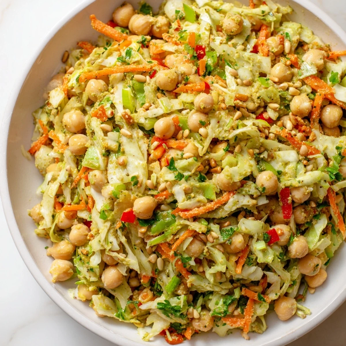 Bright and refreshing chickpea salad; crisp cabbage and carrots mingle with creamy tahini dressing.