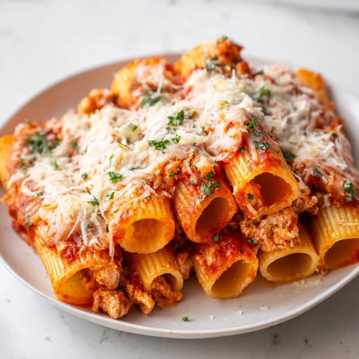 Golden, bubbly Honeycomb Pasta Bake, with rigatoni standing tall, filled with cheesy goodness.