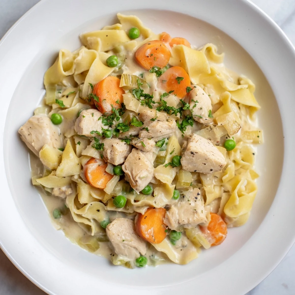 Warm, creamy chicken and egg noodles, simmered in a rich sauce and ready to be served.