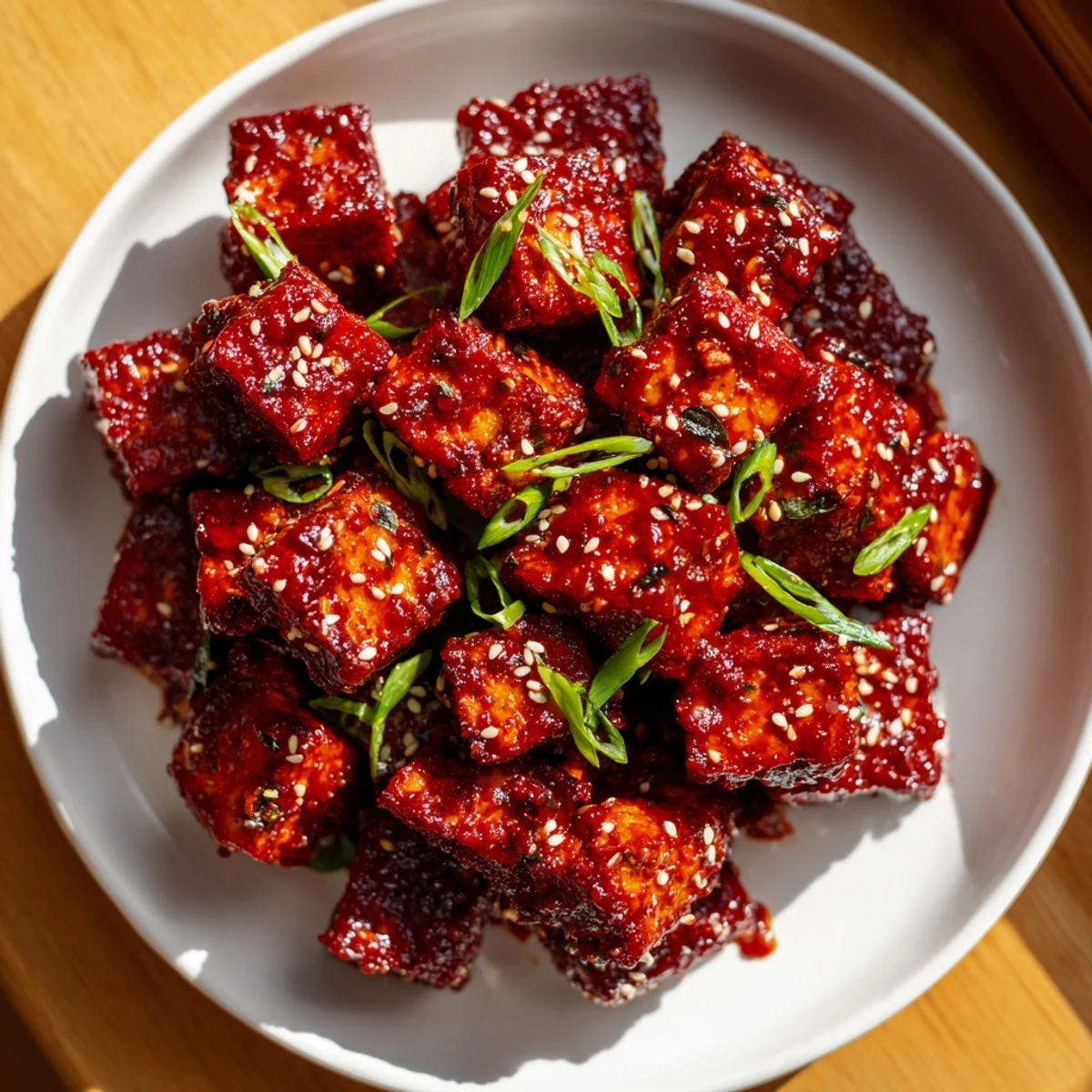 Crispy Honey Gochujang Tofu, coated in a rich, sticky glaze, garnished with sesame seeds and green onions.