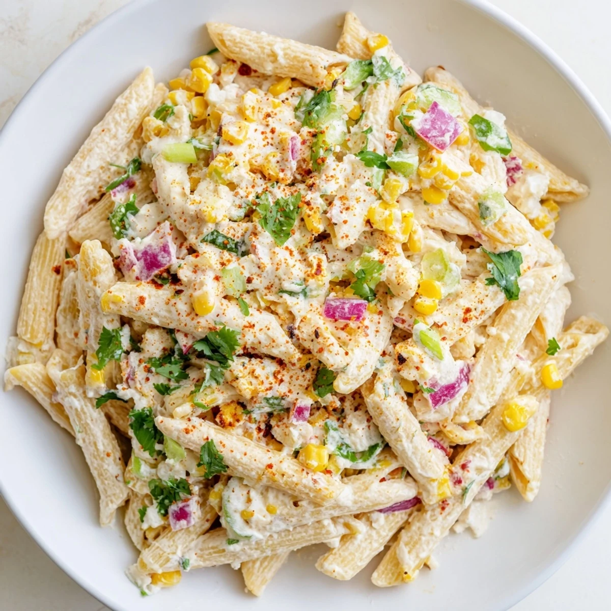 Chilled Mexican Street Corn Pasta featuring charred corn and creamy cotija cheese topping.