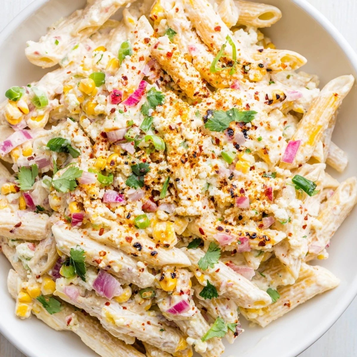 A colorful bowl of Mexican Street Corn Pasta, perfect for a summer side dish.