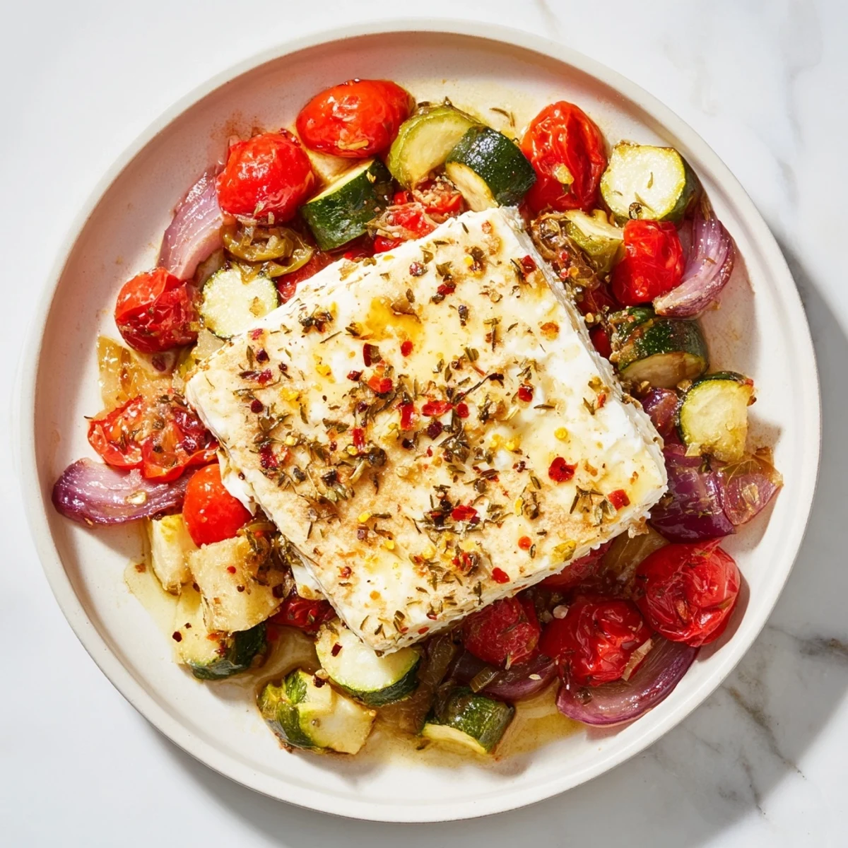 Baked feta pasta: a creamy, vibrant meal with roasted vegetables and melted feta cheese.