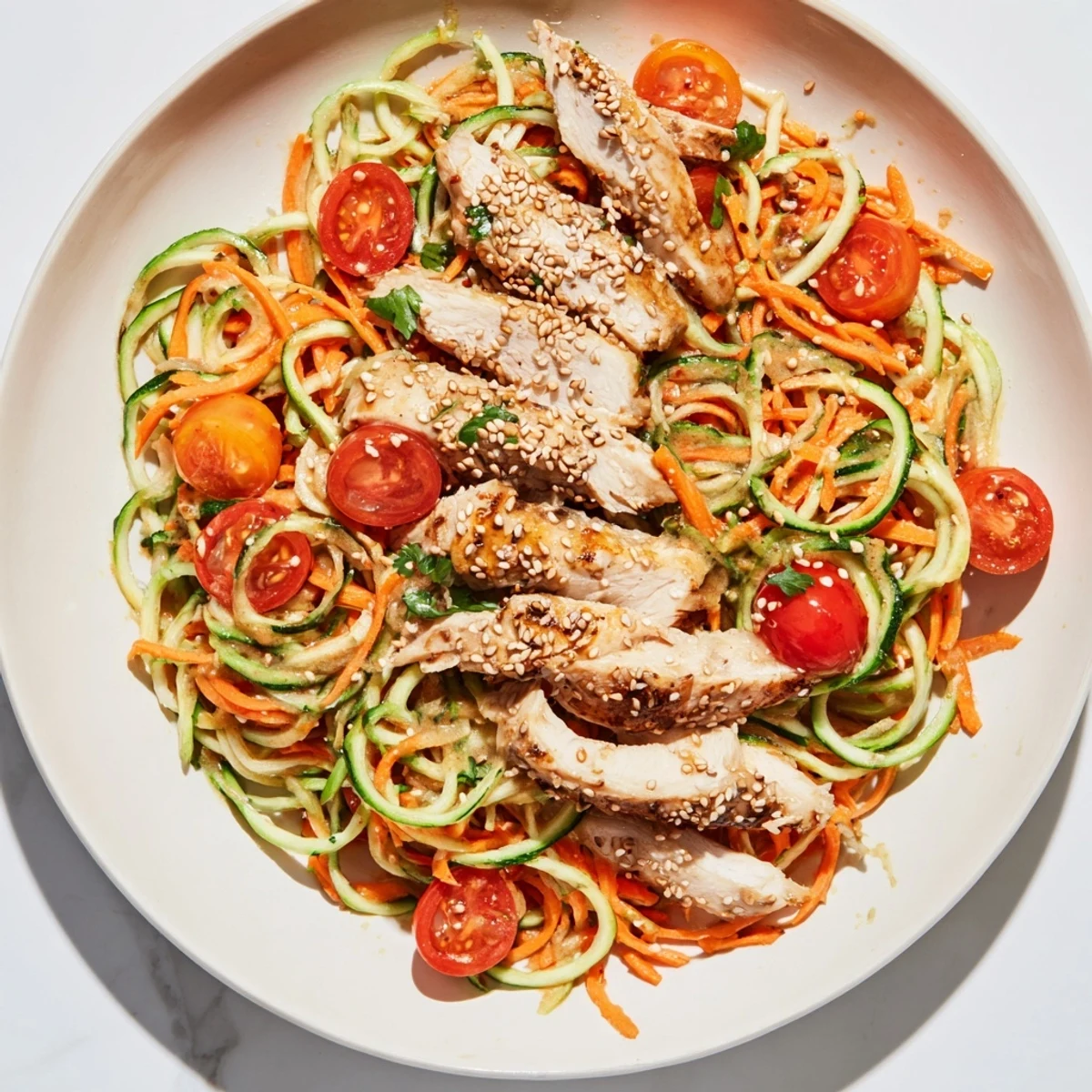 Close-up of a delightful Protein Cucumber Salad with juicy grilled chicken and cucumber spirals.