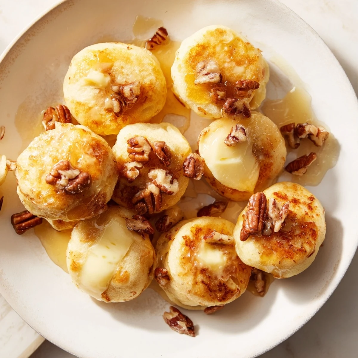 Brunch-ready, golden brown Pancake Brie Bites, drizzled with honey and served warm.