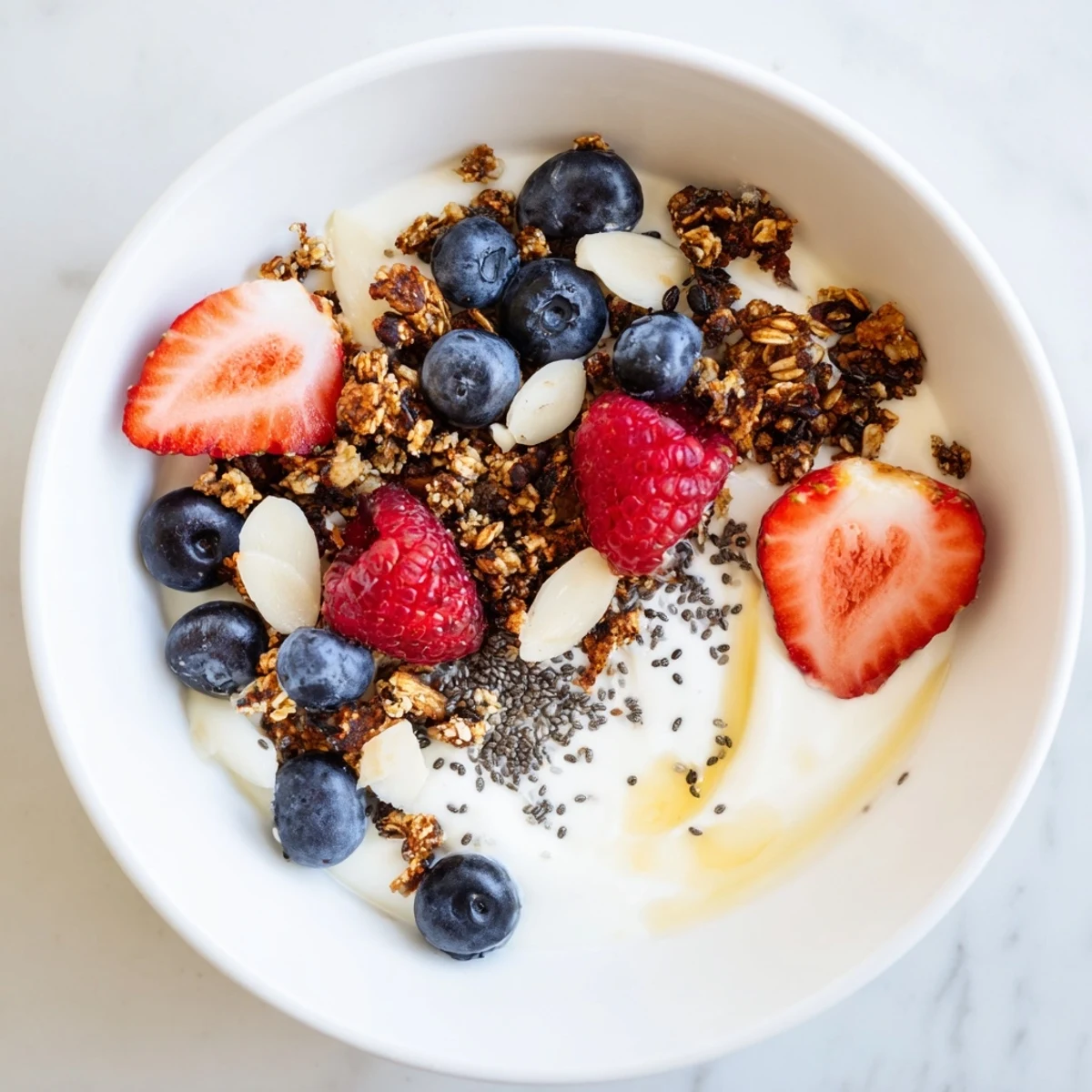 Creamy Dry Yogurt Bowl with fresh berries and crunchy granola ready for a delicious breakfast.