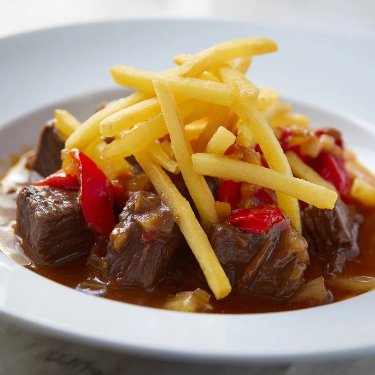 A close-up of a steaming bowl of Czech Goulash Potato, topped with fried potatoes and herbs.