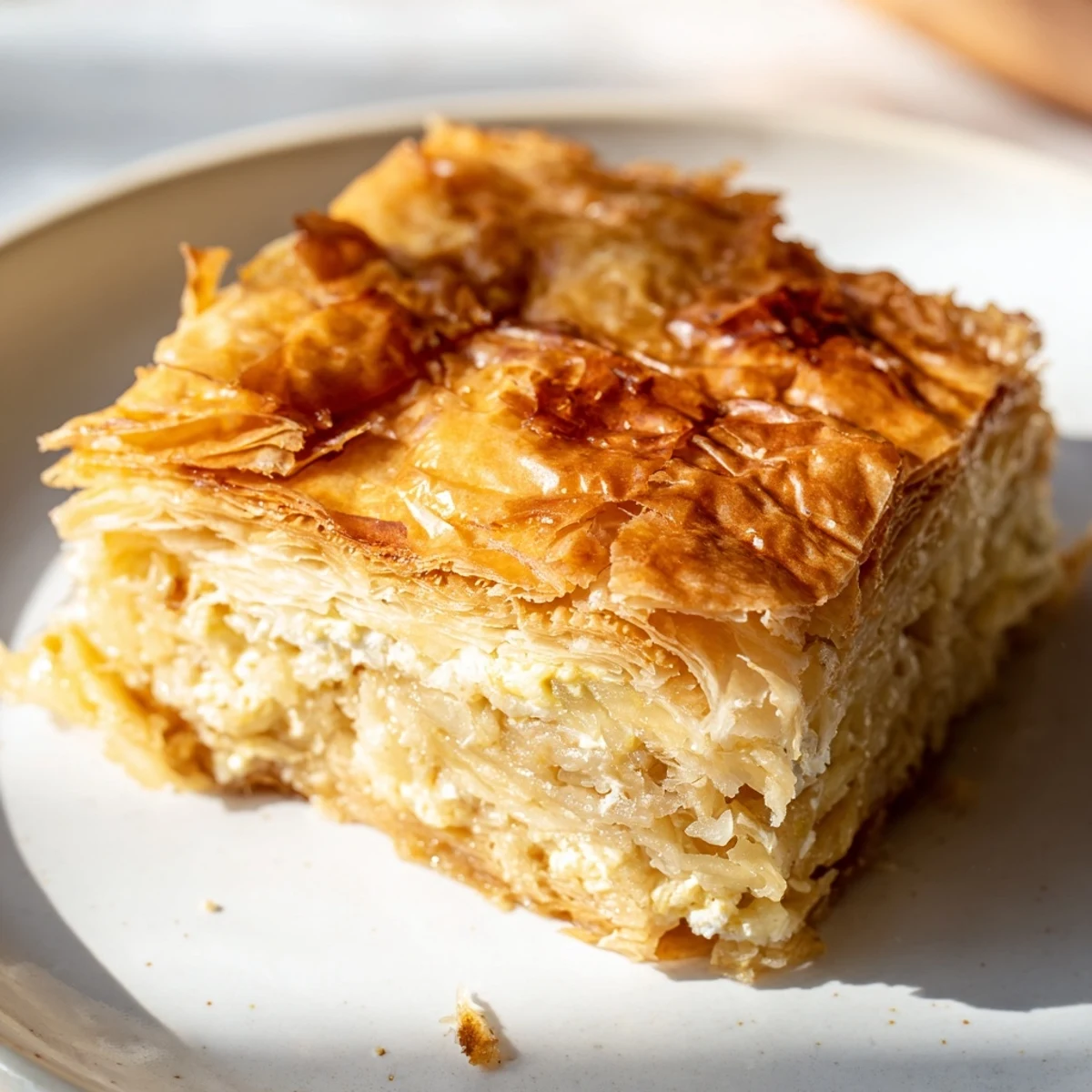 Close-up of a warm, savory Serbian Gibanica with crispy phyllo and creamy cheese filling.