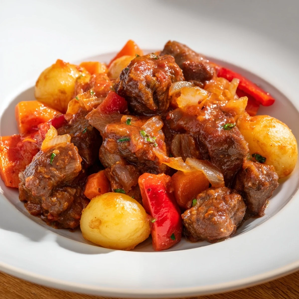 Steaming Hungarian Goulash stew, a hearty meal with tender beef and vibrant red peppers in a rich broth.