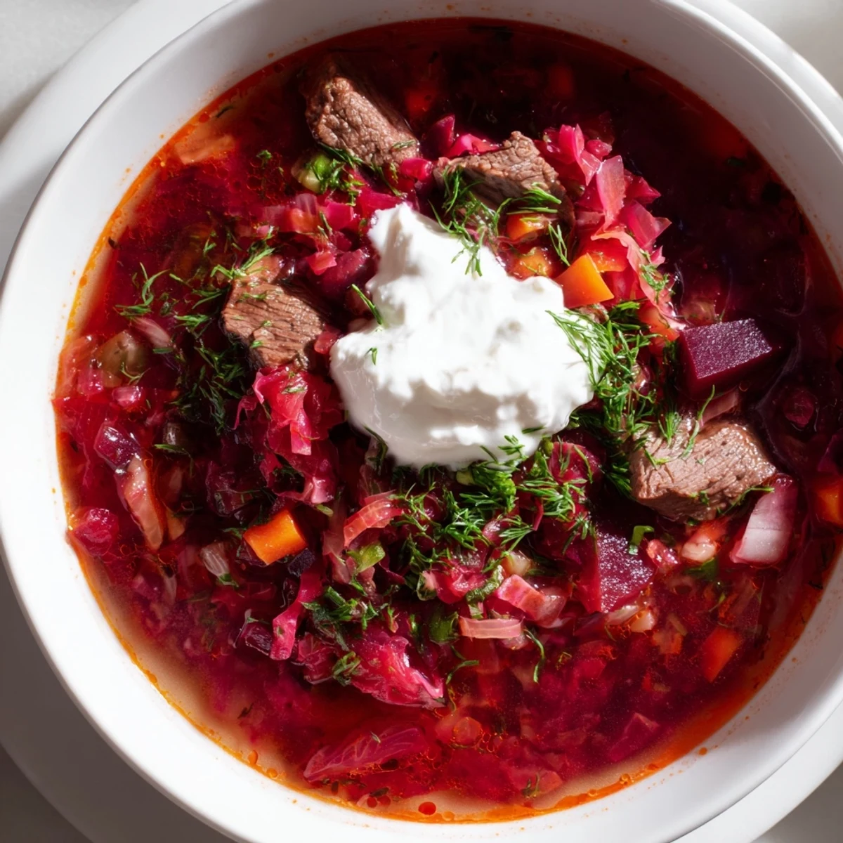 Steaming Ukrainian Borscht soup, ruby red and rich, topped with creamy sour cream and fresh dill.