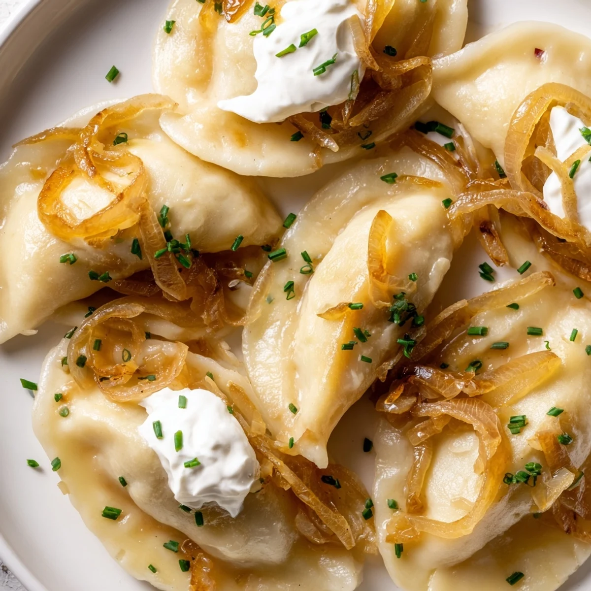 A plate of fresh, steaming Polish pierogi, each filled with creamy potato and cheese filling.