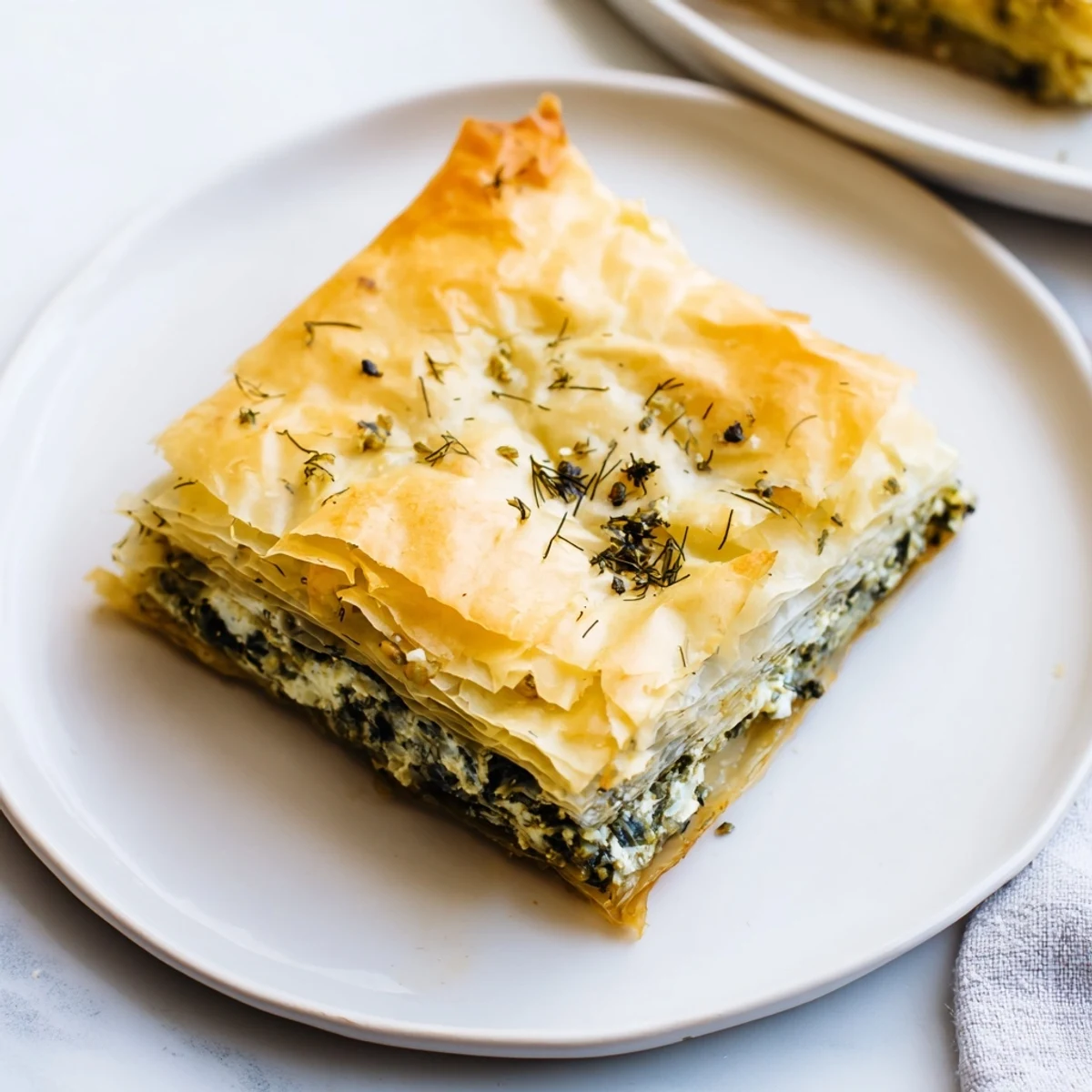 Golden, flaky Greek spanakopita pie, filled with savory spinach and feta, ready to eat.