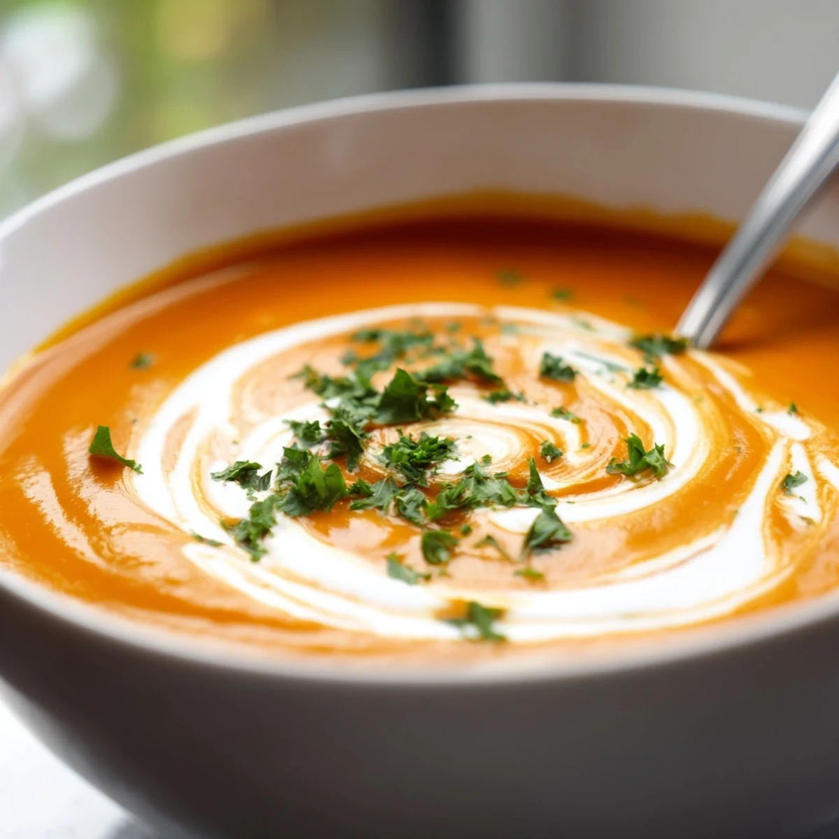 A spoon dips into the rich, golden Carrot-Based Creamy Soup, revealing its smooth, velvety texture.