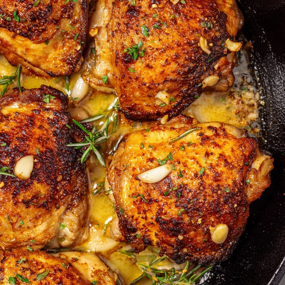 Golden-brown Garlic Butter Chicken Thighs roasted with herbs in a skillet, served with lemon wedges.
