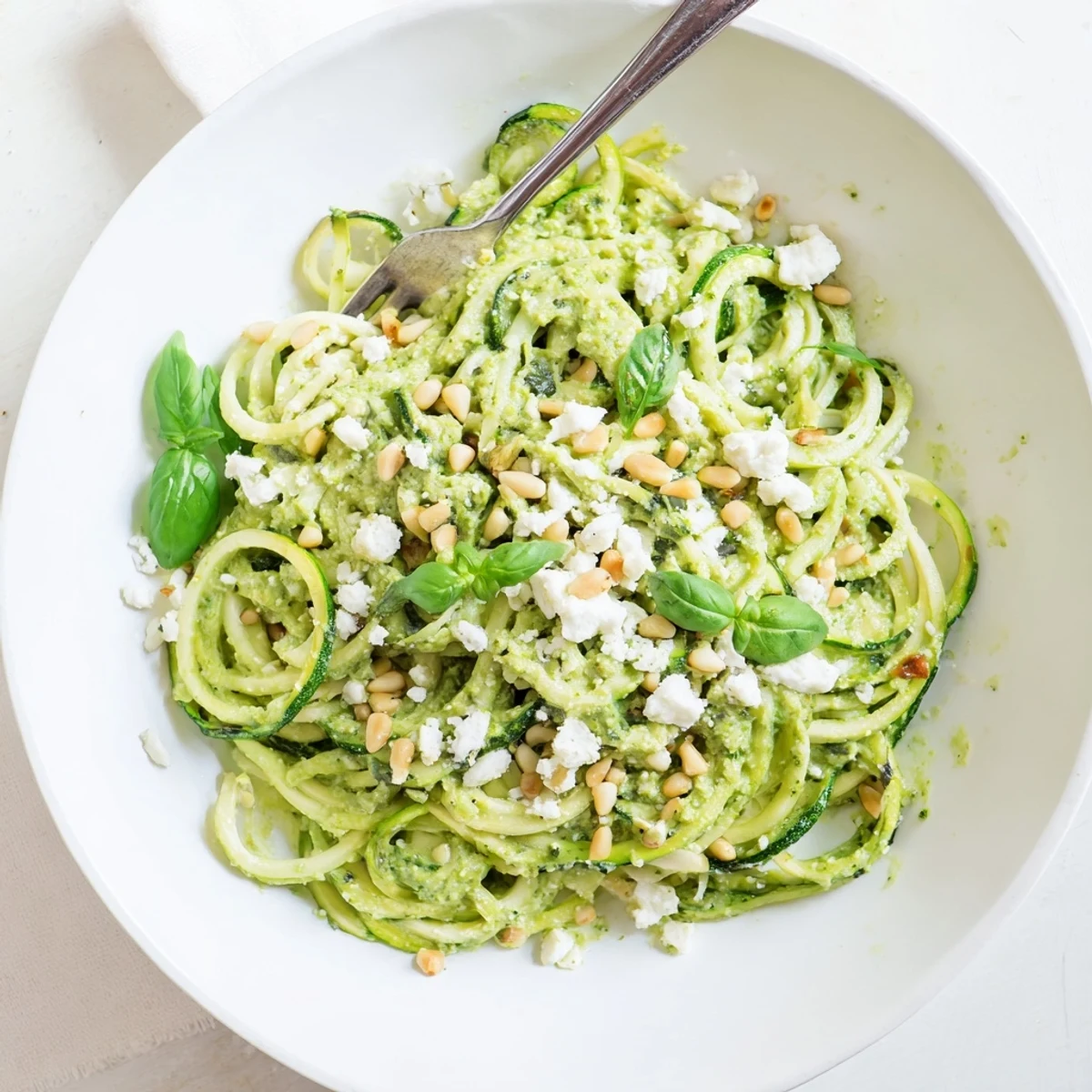 Creamy avocado pesto coats tender zucchini noodles in this healthy, low-carb meal served with toasted pine nuts.